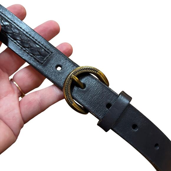 Talbots Navy Blue leather belt brass buckle textured braided classic preppy S - Picture 1 of 7